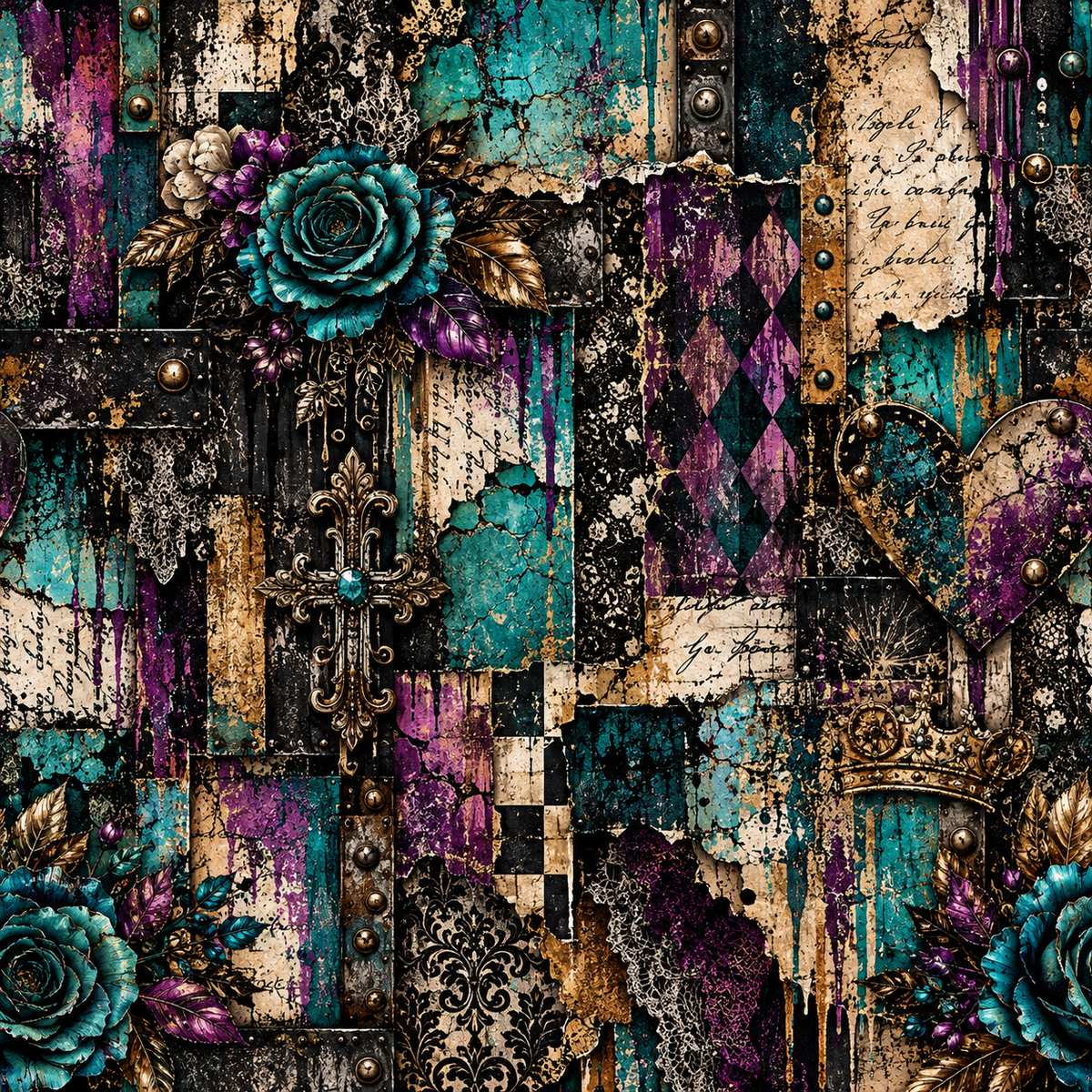 Gothic Teal Rose & Purple Patchwork Seamless Wallpaper