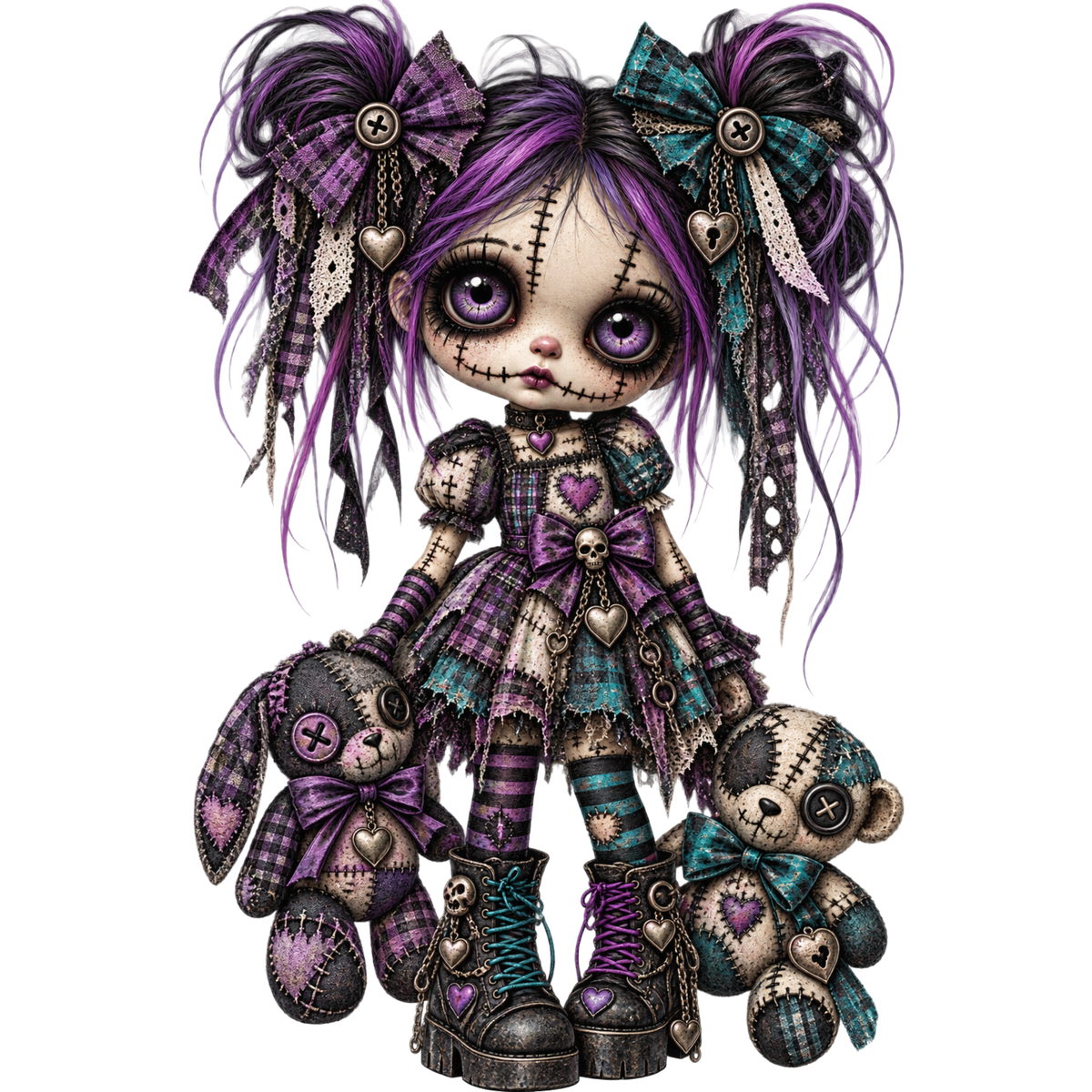 Gothic Patchwork Doll with Bunny and Teddy Bear