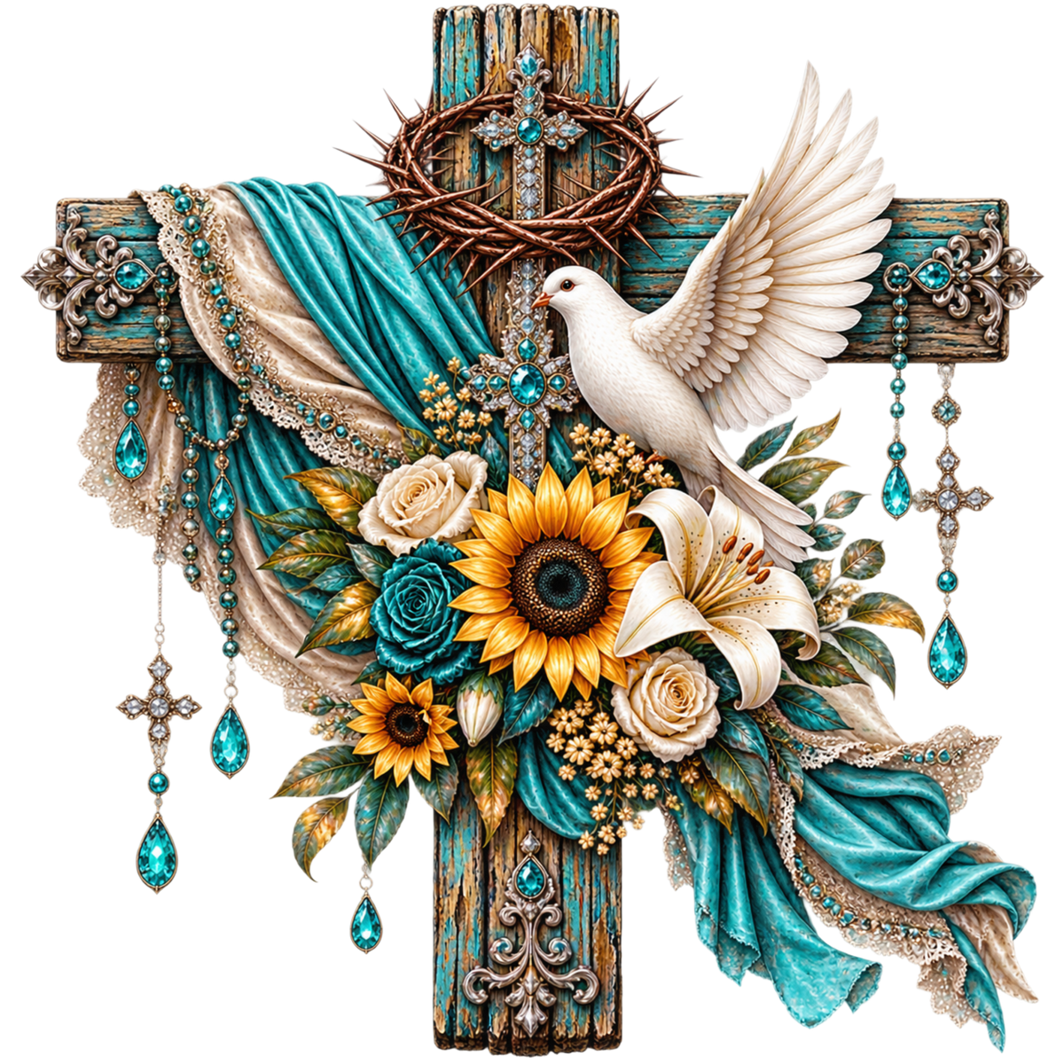 Rustic Cross, Dove & Sunflower 4x4