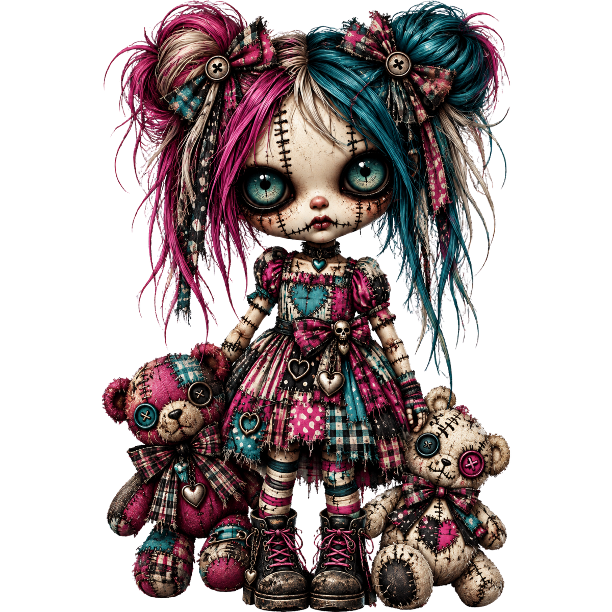 Stitched Doll Girl with Teddy Bears 4x4