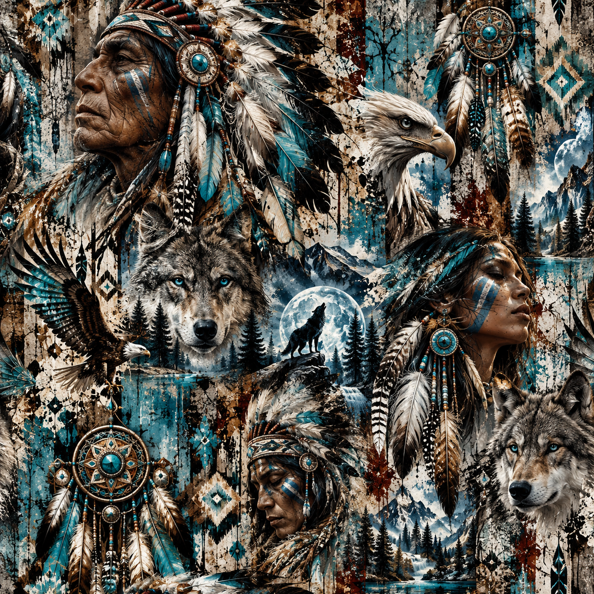 Indigenous-Inspired Wolf & Eagle Seamless Wallpaper