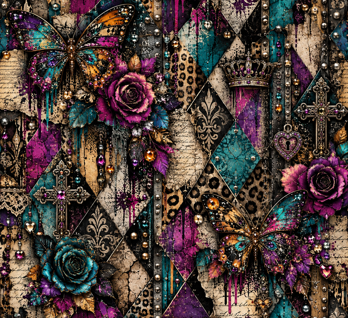 Gothic Butterfly & Jewel Floral Seamless Wallpaper