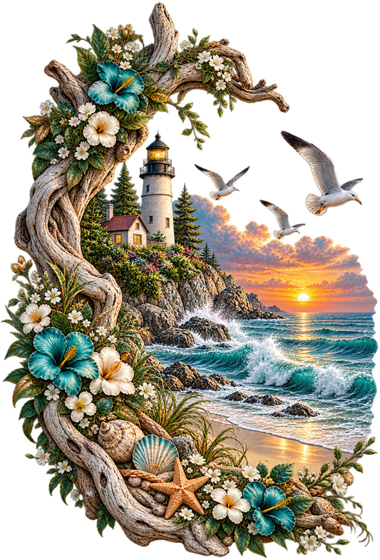 Coastal Lighthouse Sunset UV DTF Transfer