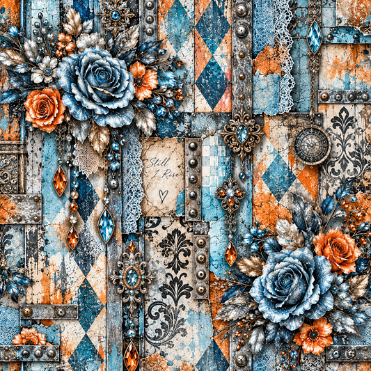 Rustic Blue & Orange Floral Seamless Wallpaper 1