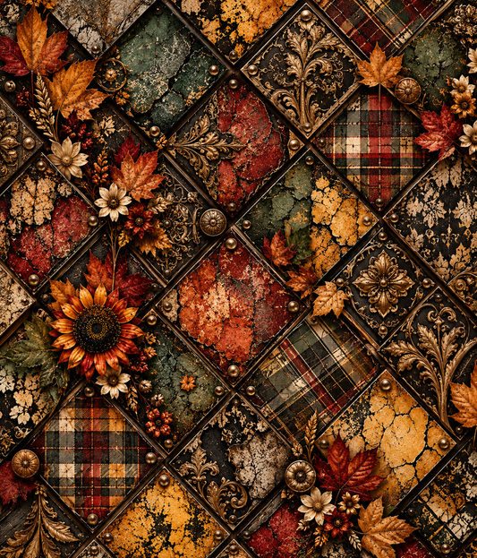 Rustic Autumn Plaid & Floral Seamless Wallpaper