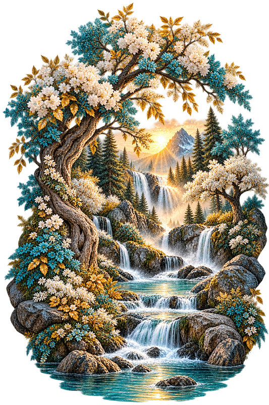 Enchanted Waterfall Floral Tree UV DTF Transfer