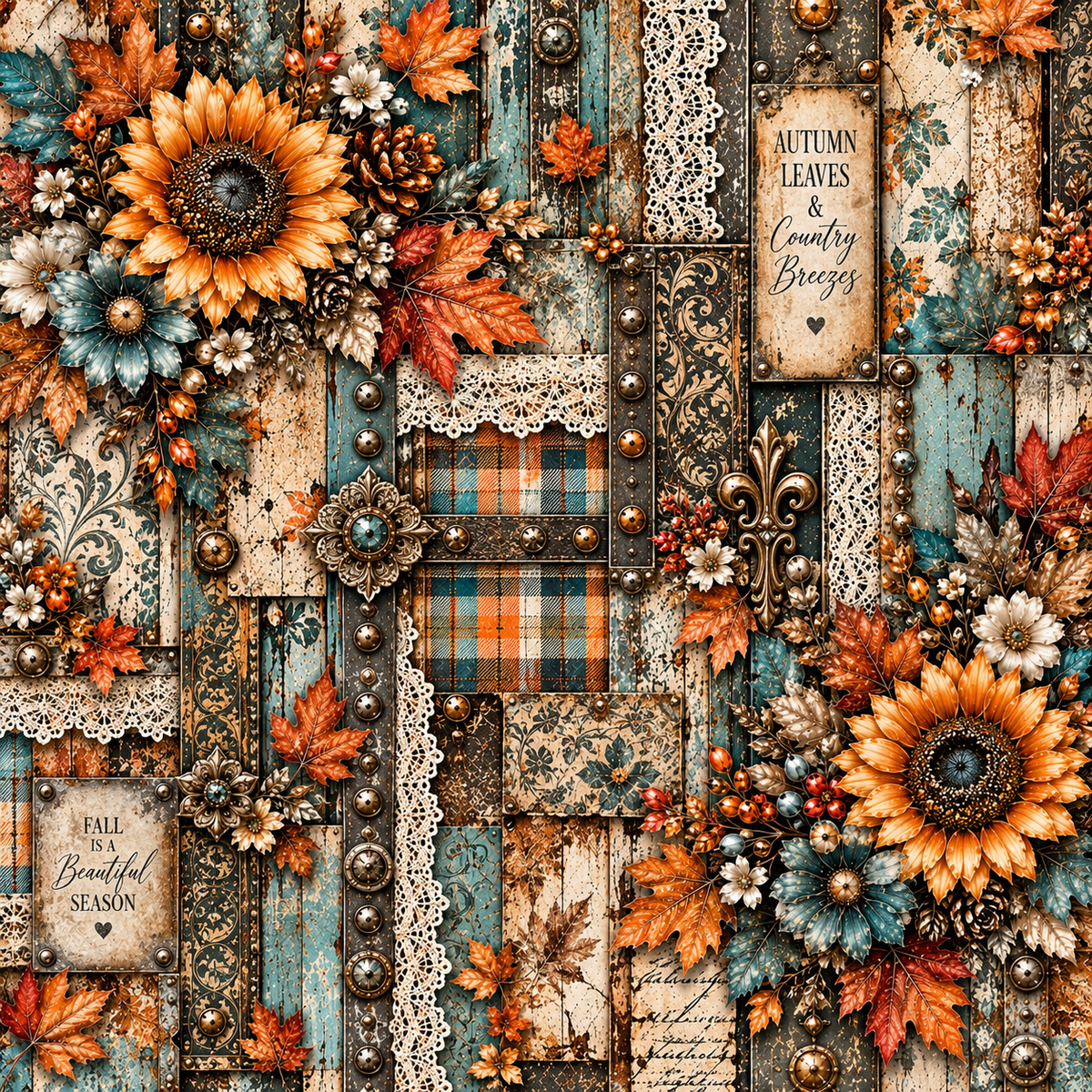 Rustic Autumn Sunflower & Pumpkin Seamless Wallpaper