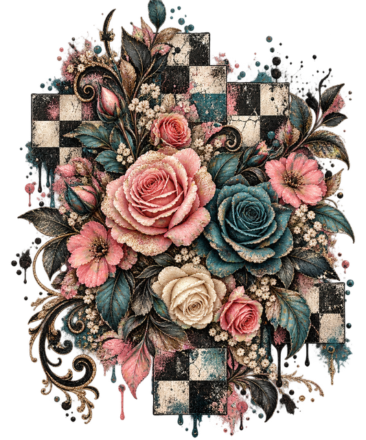 Vintage Floral Checkerboard UV DTF Transfer 1