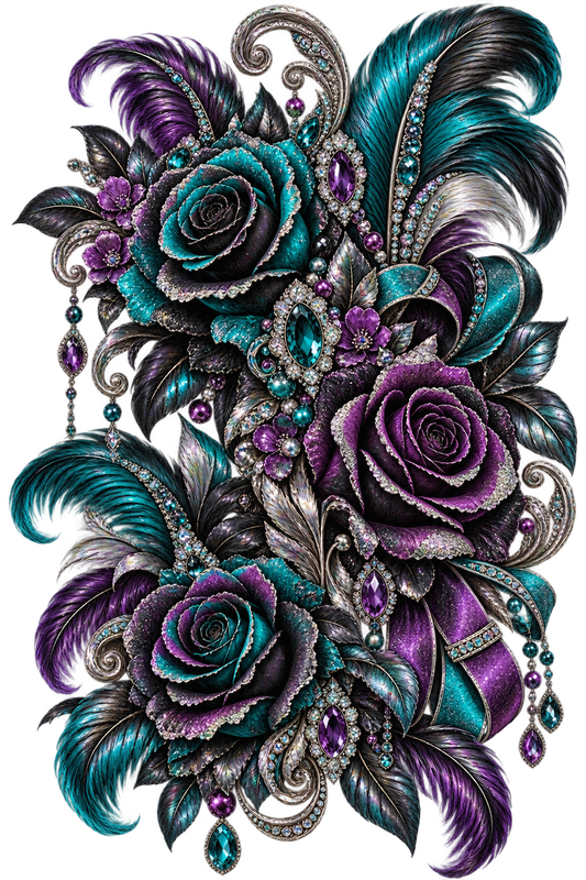 Gothic Teal & Purple Rose UV DTF Transfer