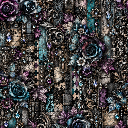 Gothic Teal & Purple Rose Seamless Wallpaper