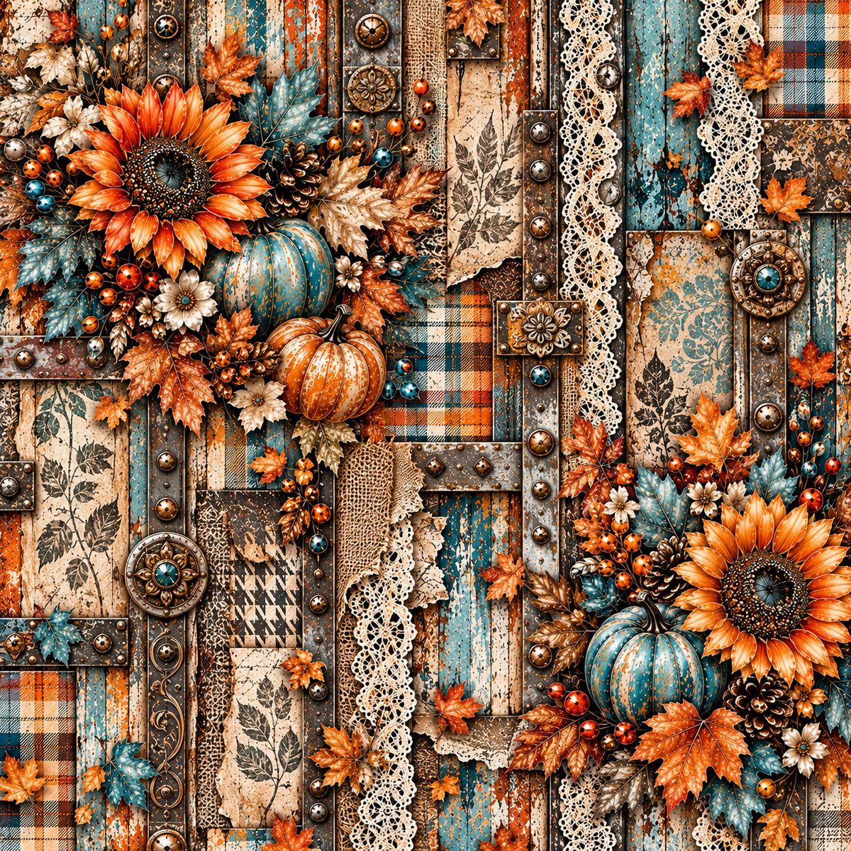 Rustic Autumn Pumpkin & Sunflower Seamless Wallpaper 3