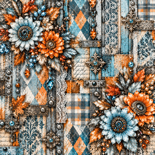 Rustic Blue & Orange Floral Seamless Wallpaper