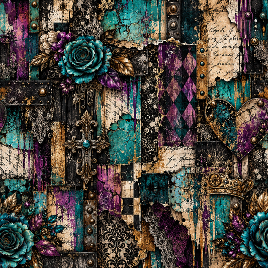 Gothic Teal Rose & Purple Patchwork Seamless Wallpaper