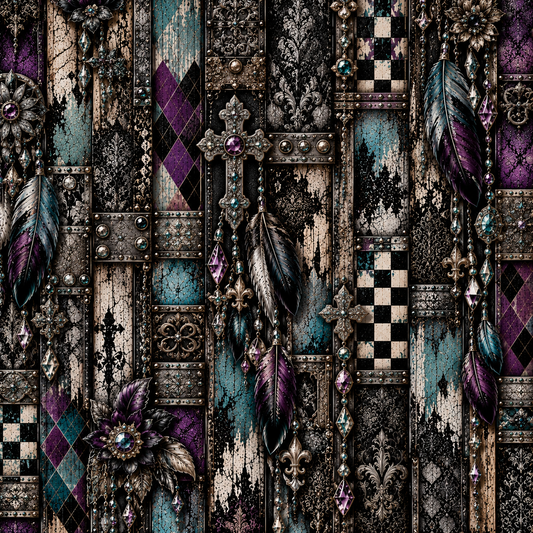 Gothic Teal & Purple Feather Seamless Wallpaper