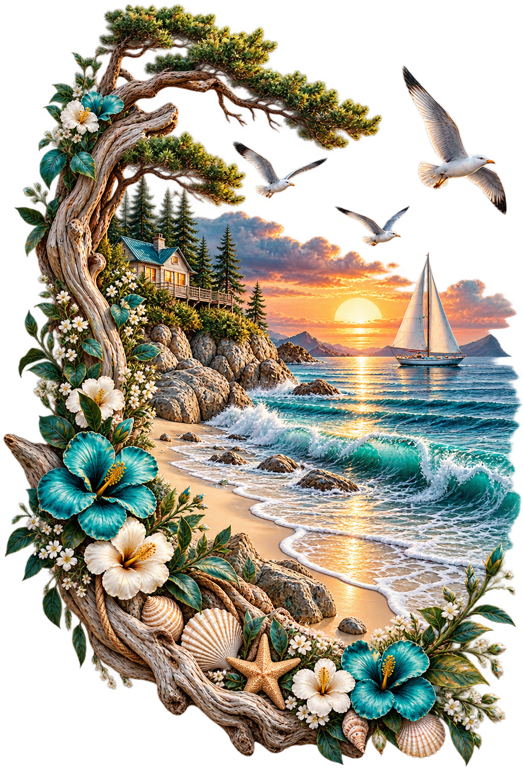 Coastal Sunset Beach Scene UV DTF Transfer