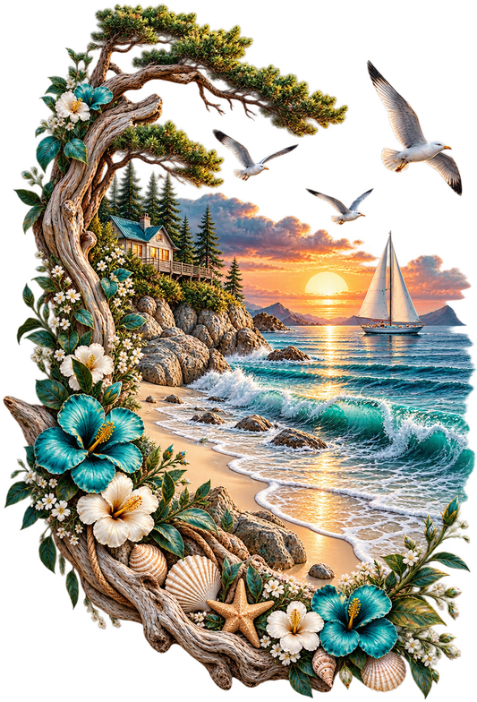 Coastal Sunset Beach Scene UV DTF Transfer
