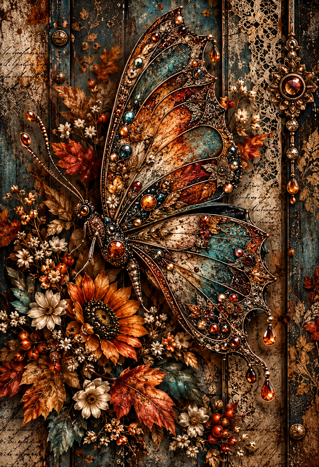 Vintage Autumn Butterfly & Floral Seamless Wallpaper