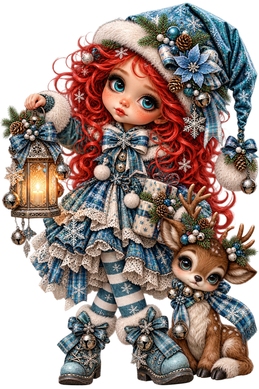 Blue Christmas Doll & Reindeer UV DTF Transfer