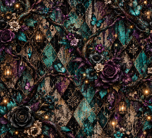 Enchanted Gothic Teal & Purple Floral Seamless Wallpaper
