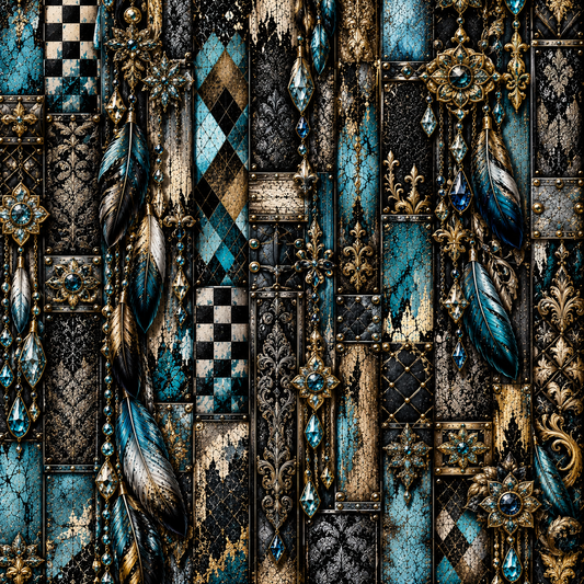 Gothic Blue Feather & Jewel Seamless Wallpaper