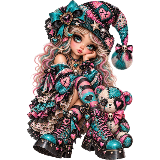 Gothic Patchwork Doll PNG – Pink and Teal Voodoo Girl with Teddy Bear