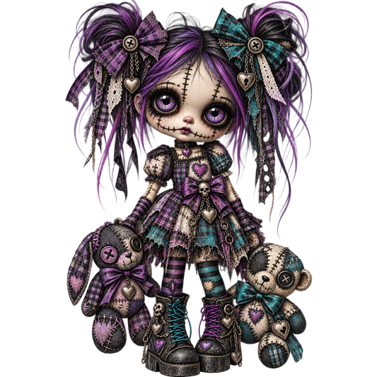 Gothic Patchwork Doll with Bunny and Teddy Bear