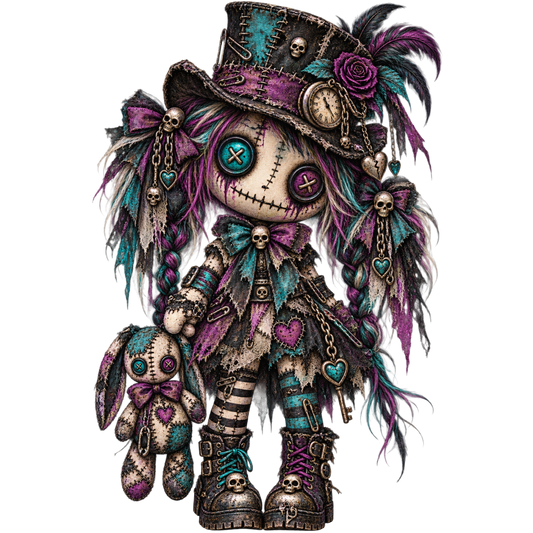 Gothic Steampunk Voodoo Doll PNG – Purple and Teal Patchwork Girl with Bunny