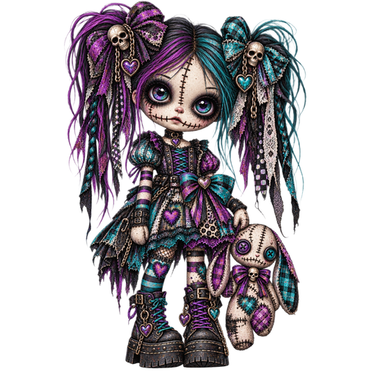 Gothic Stitched Doll with Bunny 4x4