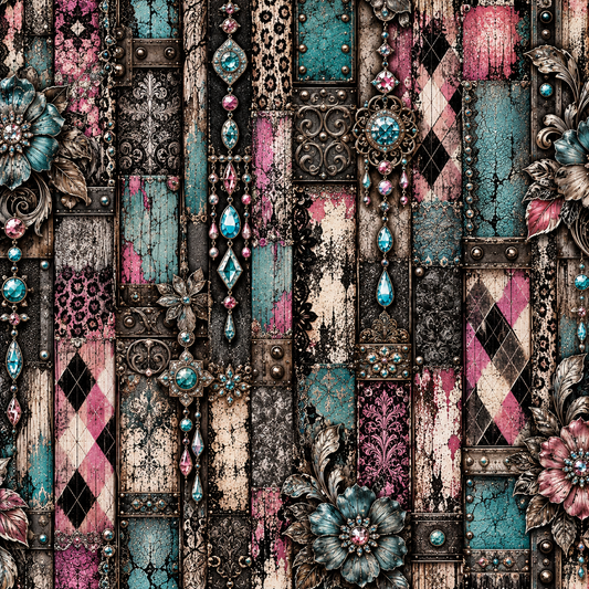 Gothic Teal & Pink Jeweled Seamless Wallpaper