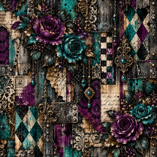 Gothic Teal & Purple Floral Seamless Wallpaper