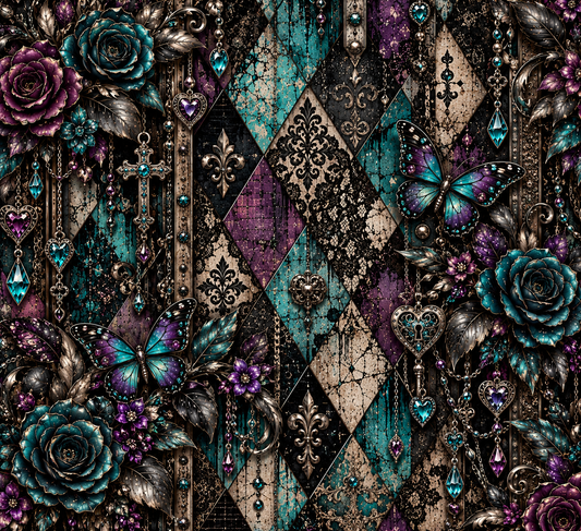 Gothic Teal, Purple & Butterfly Seamless Wallpaper
