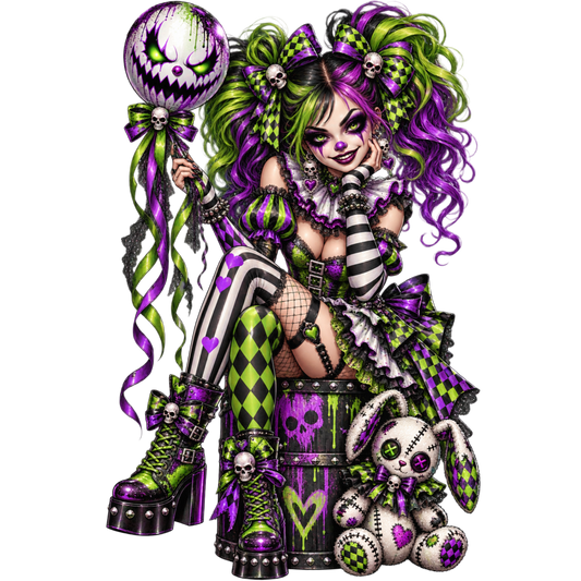 Gothic Voodoo Clown Girl PNG – Purple and Green Creepy Cute Halloween