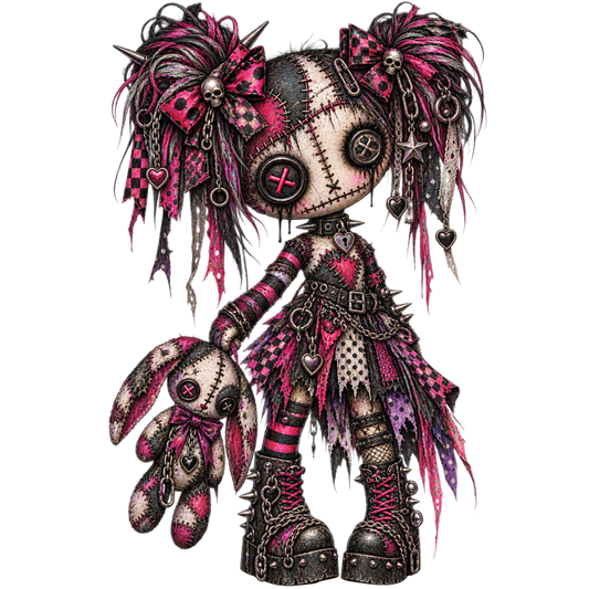 Gothic Voodoo Doll Girl PNG – Pink and Black Patchwork Doll with Bunny