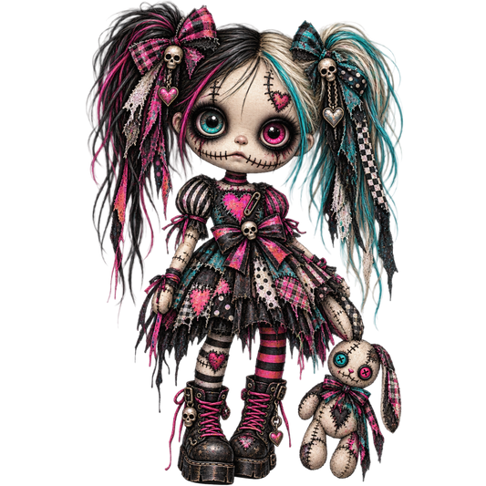 Gothic Voodoo Doll Girl PNG – Pink and Teal Patchwork Doll with Bunny