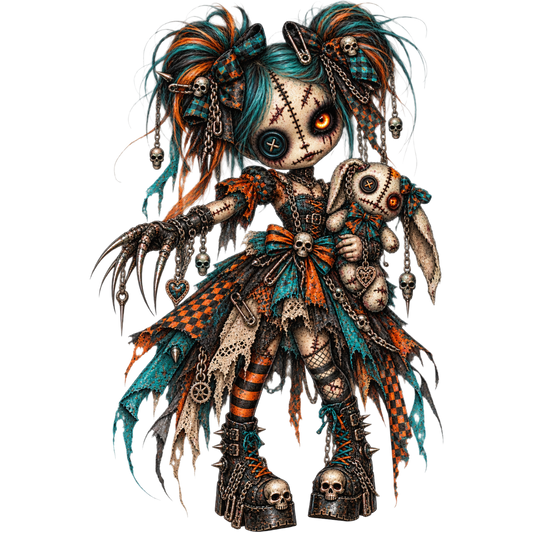 Gothic Voodoo Doll Girl PNG – Teal Orange Halloween