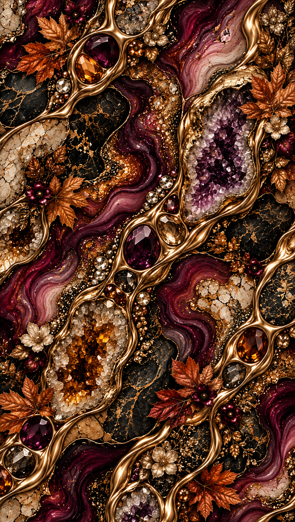 Luxe Burgundy Geode & Autumn Jewel Seamless Wallpaper
