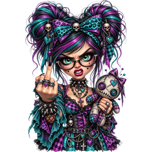 Sassy Gothic Voodoo Doll Girl PNG – Purple and Teal Punk Grunge