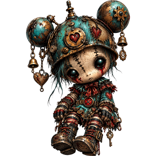 Steampunk Voodoo Doll PNG – Gothic Patchwork Doll with Teal and Bronze Gears