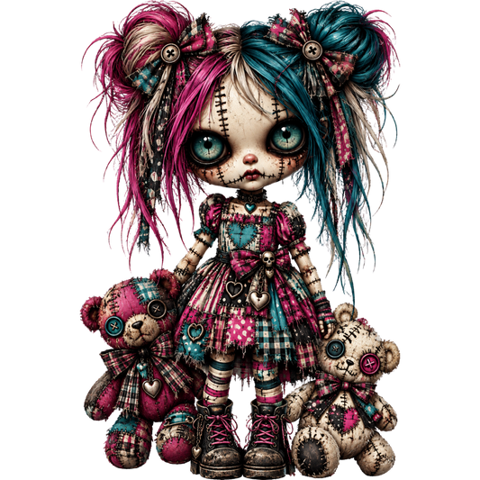 Stitched Doll Girl with Teddy Bears 4x4