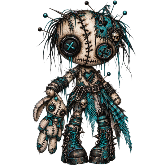 Stitched Teal Rag Doll with Bunny 4x4