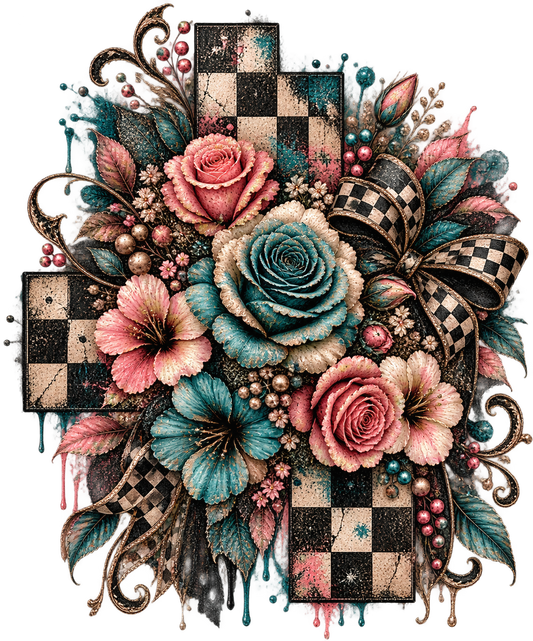 Teal & Pink Floral Checkerboard UV DTF Transfer