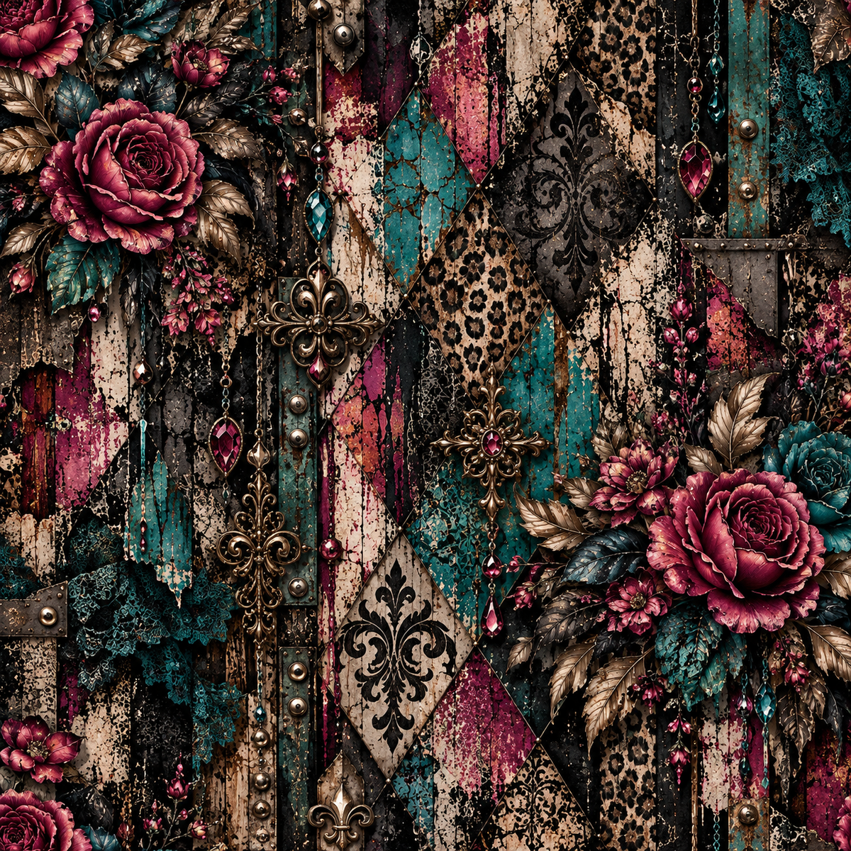 Gothic Burgundy & Teal Floral Seamless Wallpaper