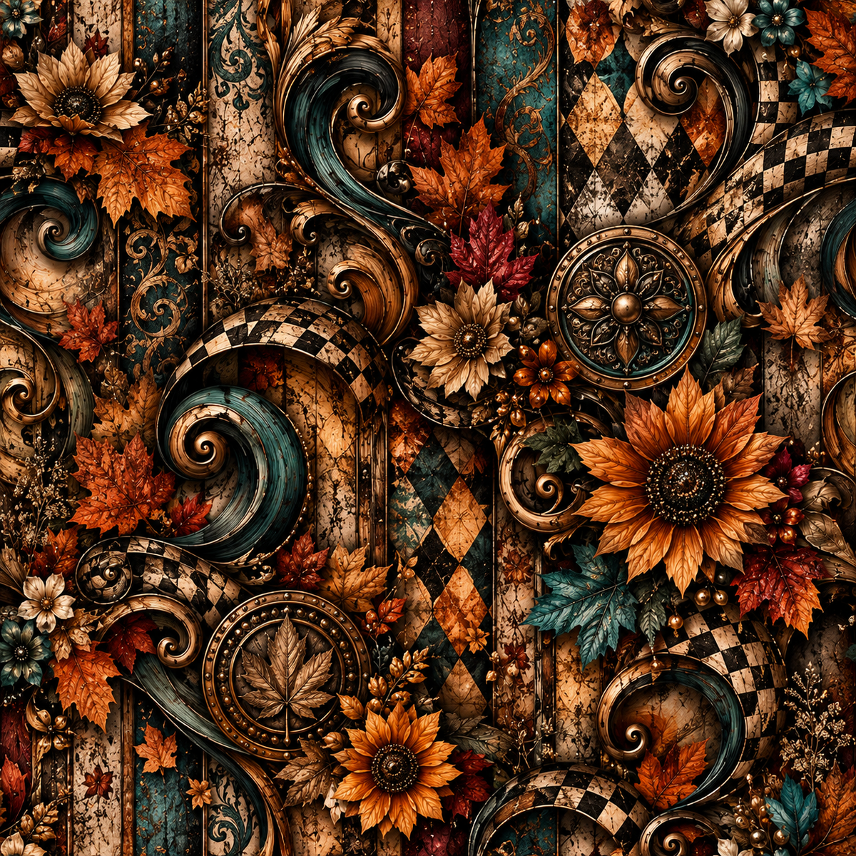 Rustic Autumn Sunflower & Ornate Scroll Seamless Wallpaper