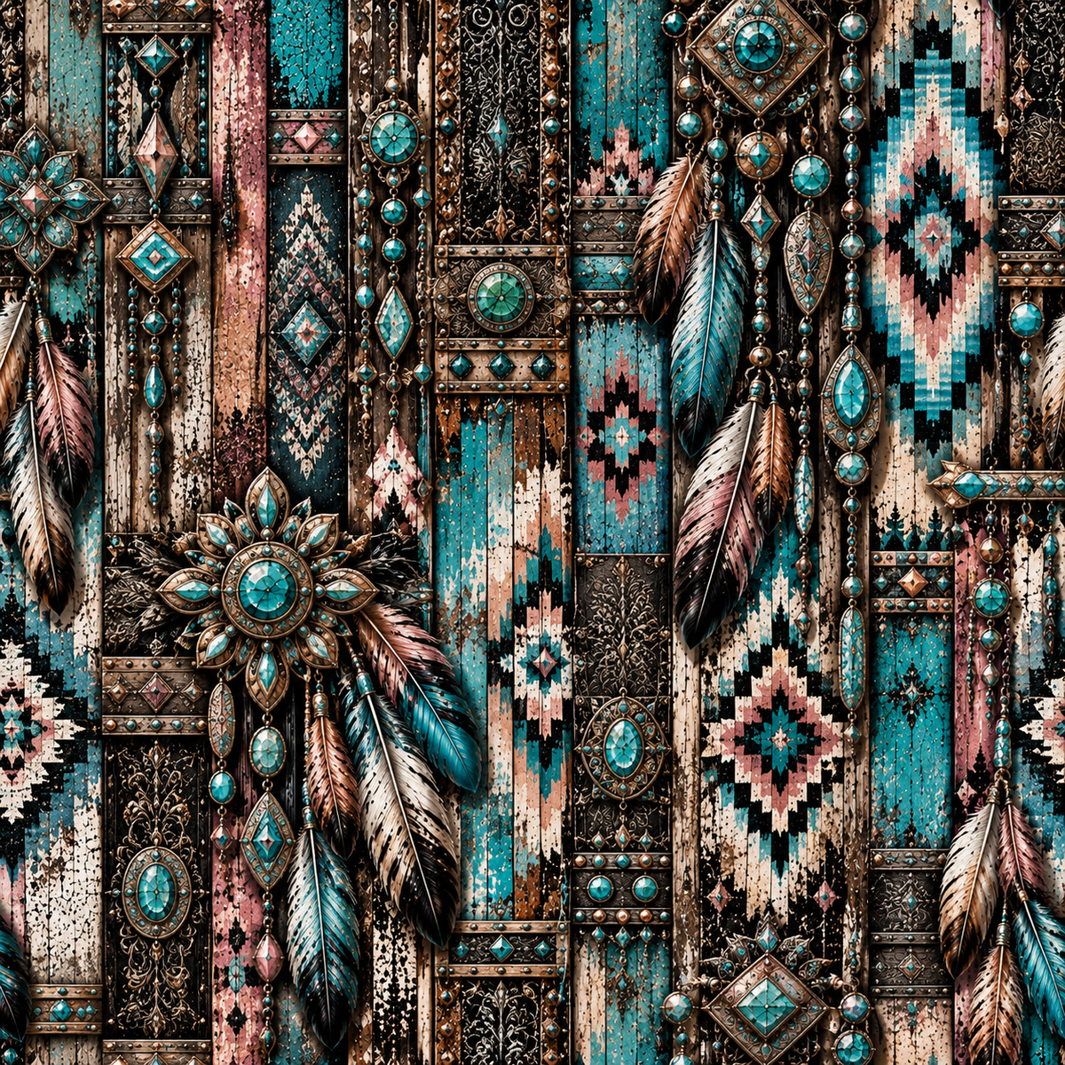 Turquoise Feather & Southwestern Boho Seamless Wallpaper