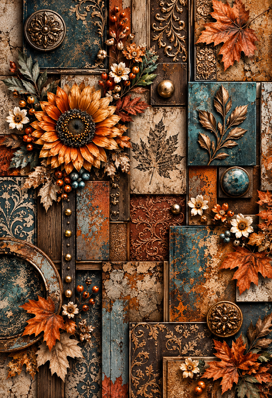 Rustic Autumn Sunflower & Vintage Botanical Seamless Wallpaper