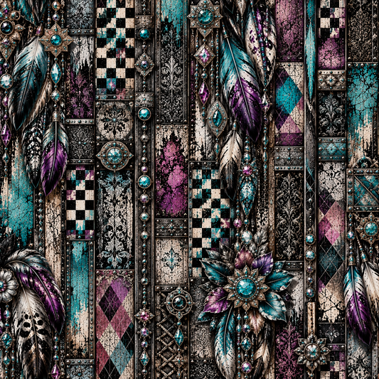 Gothic Teal & Plum Feather Seamless Wallpaper